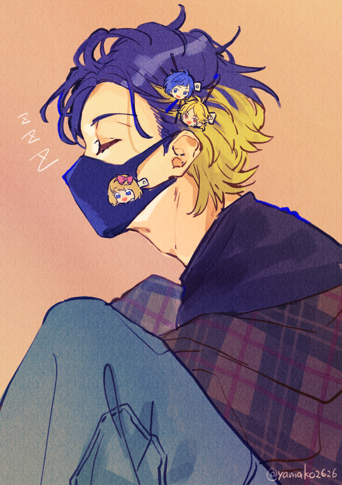 1boy, blonde_hair, blue_hair, chibi, chibi_inset, closed_eyes, denim, from_side