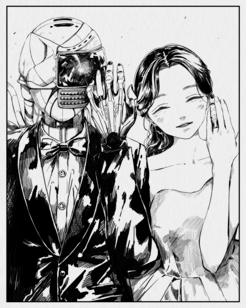 1boy, 1girl, absurdres, android, araki_rakka, bare_shoulders, black_bow, black_bowtie