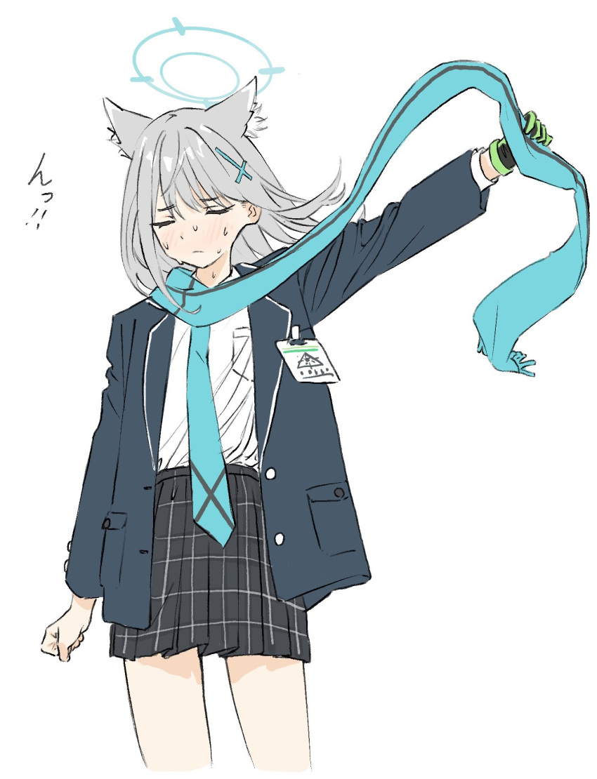 1girl, animal_ears, aqua_necktie, aqua_scarf, arm_up, black_gloves, black_jacket, black_skirt