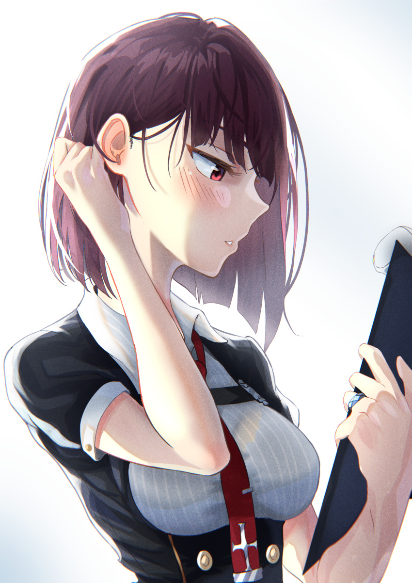 1girl, absurdres, alternate_hairstyle, black_shirt, blush, clipboard, from_side, girls_frontline