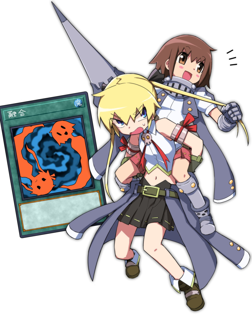 2girls, armor, belt, black_skirt, blonde_hair, blue_eyes, brown_eyes, brown_hair, carrying, clothes_around_waist, gauntlets, gloves, grabbing_another's_hair, hair_between_eyes, highres, kill_me_baby, kirara_fantasia, lance, long_hair, multiple_girls, notice_lines, open_mouth, oribe_yasuna, piggyback, pleated_skirt, polearm, polymerization, short_hair, simple_background, skirt, sonya_(kill_me_baby), sweat, twintails, weapon, white_background, yachima_tana, yu-gi-oh!