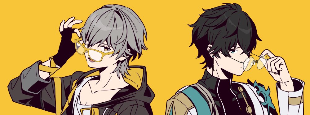 2boys, black_gloves, black_hair, black_jacket, black_shirt, caelus_(honkai:_star_rail), chinese_clothes, closed_mouth