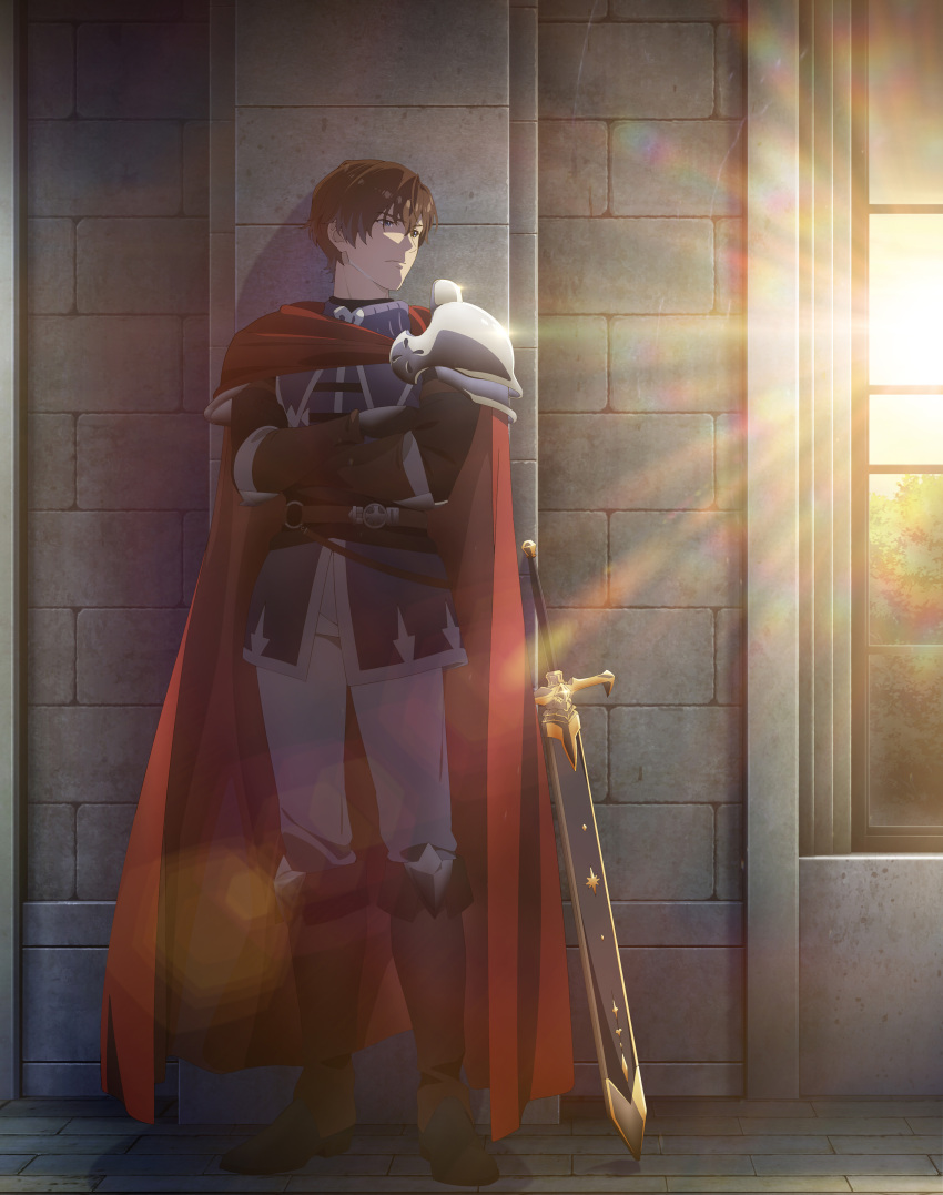 1boy, absurdres, brown_hair, cape, commentary_request, crossed_arms, full_body, highres
