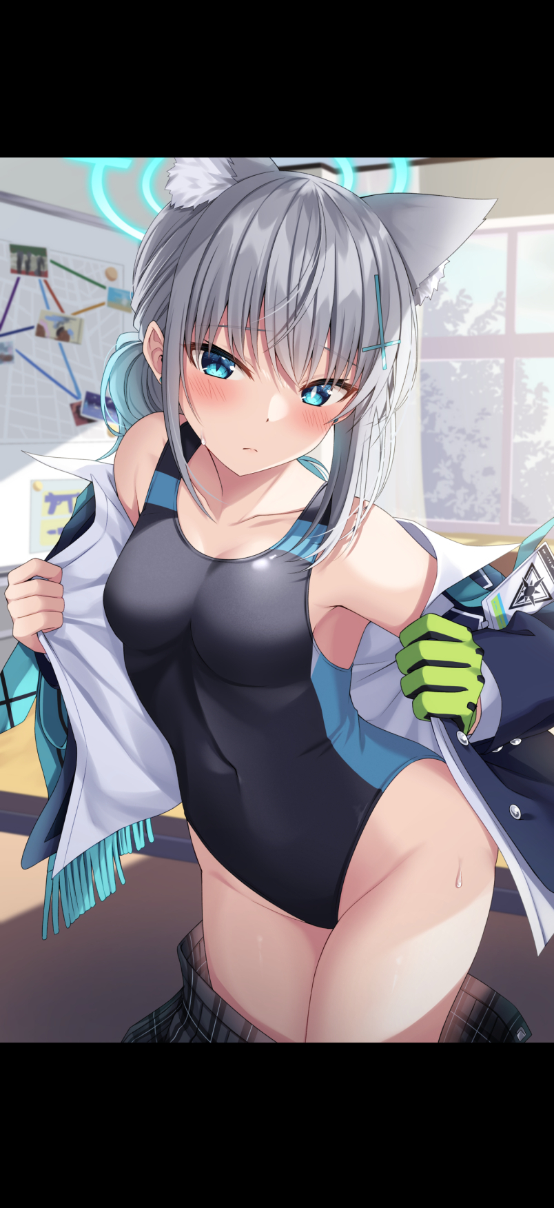 1girl, animal_ears, blue_archive, blue_eyes, blush, competition_swimsuit, covered_navel, gloves
