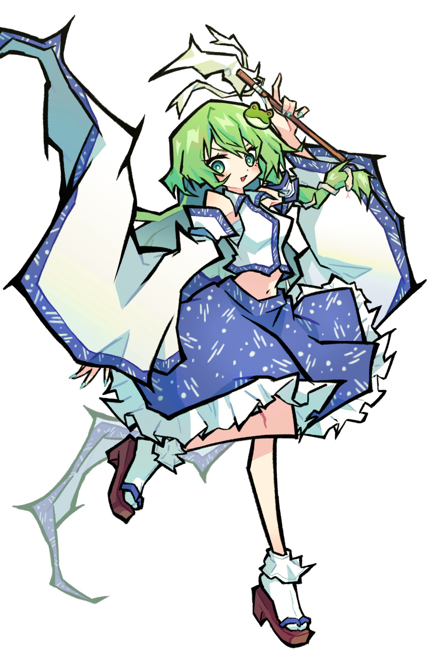 1girl, :d, absurdres, arm_up, blue_skirt, bobby_socks, commentary_request, frilled_skirt
