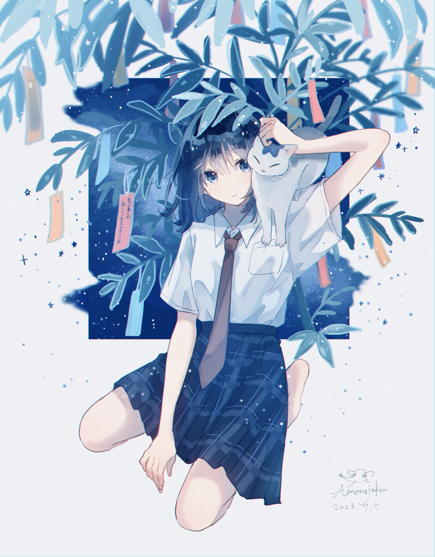 1girl, absurdres, animal_on_shoulder, barefoot, between_legs, black_hair, black_skirt, blue_eyes, blush, branch, breast_pocket, brown_necktie, cat, cat_on_shoulder, closed_mouth, collared_shirt, dated, festival, hair_between_eyes, hand_between_legs, high-waist_skirt, highres, looking_at_viewer, medium_hair, necktie, original, plaid, plaid_skirt, plant, pocket, qixi_festival, rainydays_1122, school_uniform, shirt, shirt_tucked_in, short_sleeves, sidelocks, signature, simple_background, sitting, skirt, smile, solo, tanabata, white_background, white_cat, white_shirt
