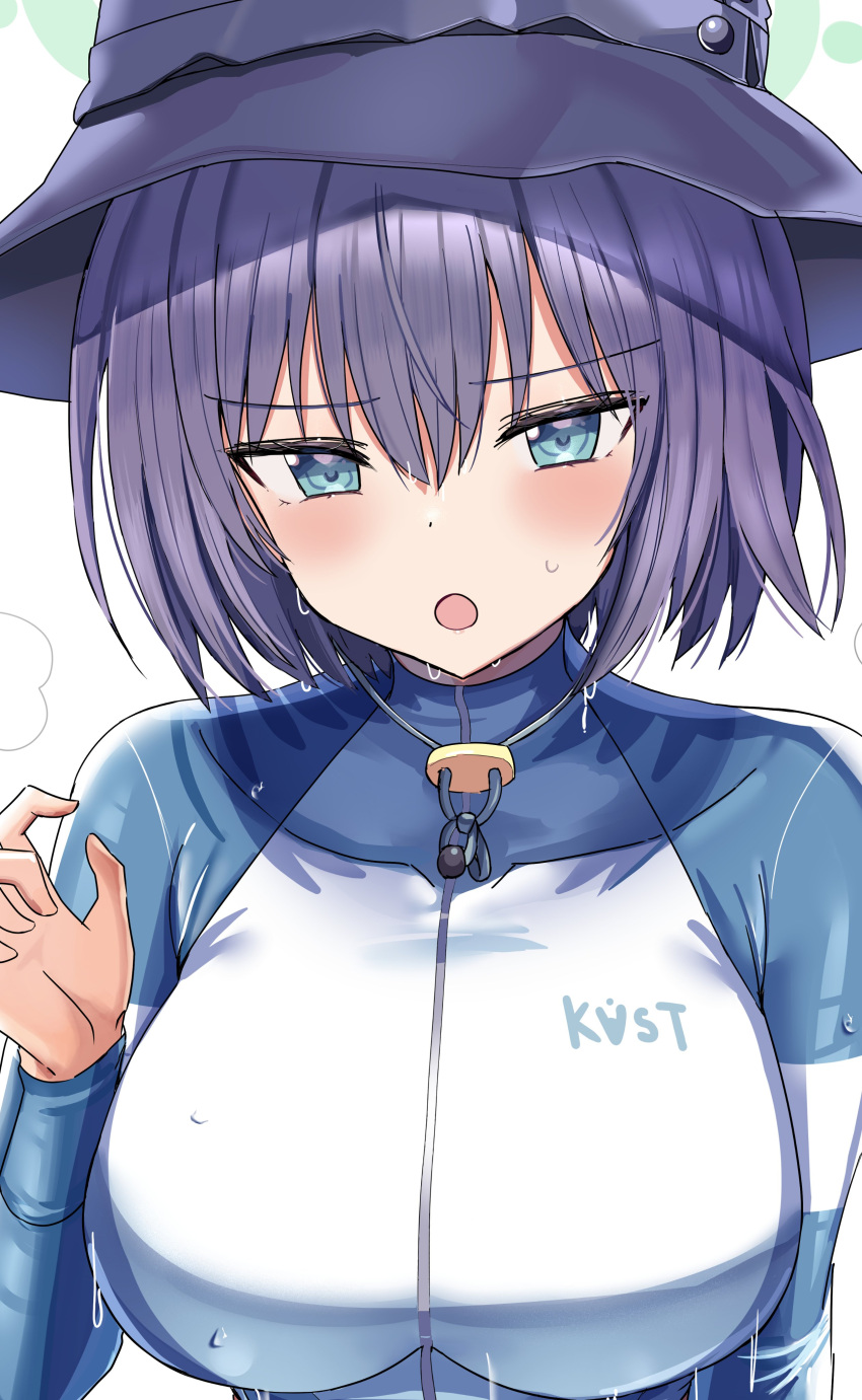 1girl, absurdres, blue_archive, blue_eyes, blush, breasts, bucket_hat, hanasaka_houcha