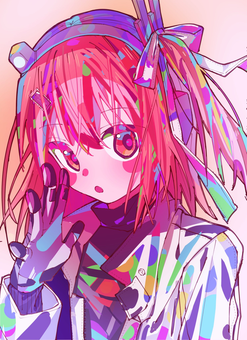 1girl, :o, a.i._voice, adachi_rei, colorful, english_text, gloves, gradient_background