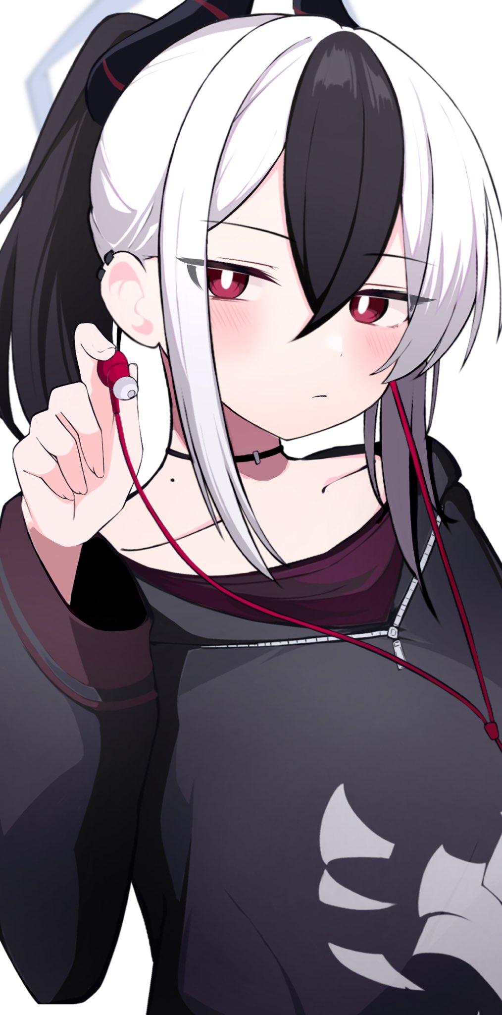 1girl, black_hair, black_hoodie, blue_archive, earphones, hair_between_eyes, halo, highres, hood, hoodie, kayoko_(blue_archive), long_hair, multicolored_hair, ponytail, red_eyes, solo, two-tone_hair, white_hair, yun_(kbdenz9)