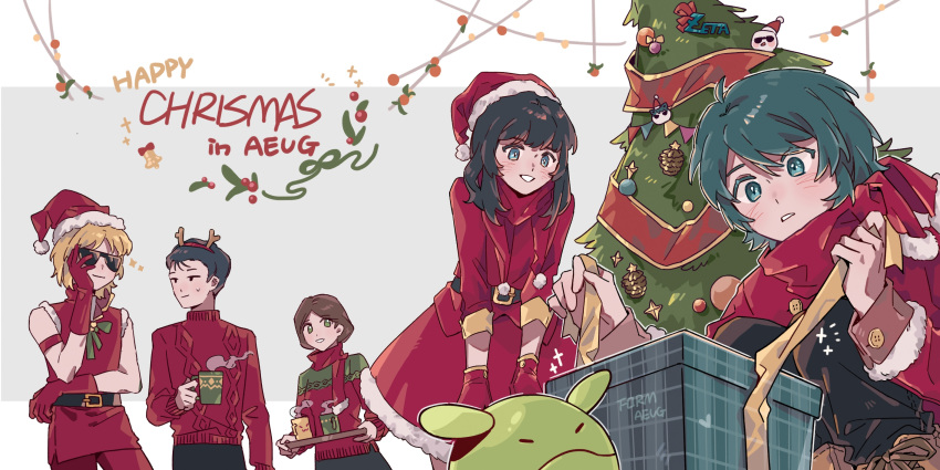 2girls, 3boys, alternate_costume, arm_strap, belt, black_belt, black_hair, black_pants