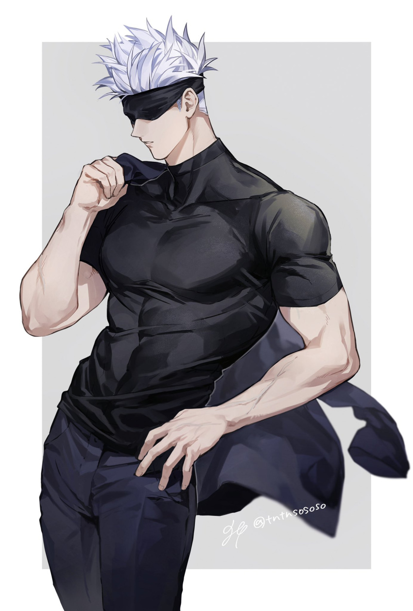 1boy, arm_up, black_blindfold, black_pants, black_shirt, blindfold, covered_eyes, cowboy_shot