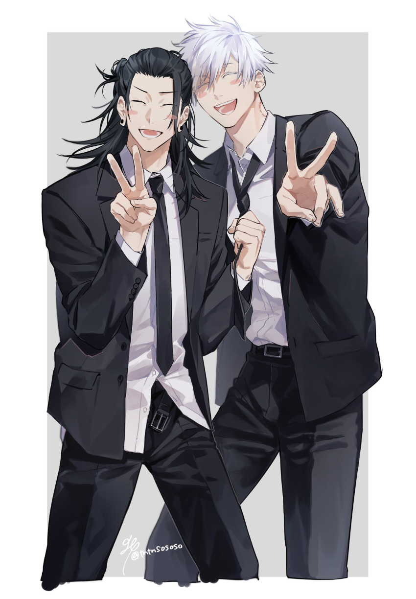 2boys, :d, ^_^, belt, black_belt, black_hair, black_jacket, black_necktie