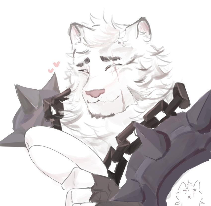 1boy, ^_^, absurdres, animal_ears, arknights, birthday, cami_acid_day, chain_necklace, chibi, chibi_inset, closed_eyes, cropped_torso, facing_viewer, furrowed_brow, furry, furry_male, happy, heart, highres, holding, holding_plate, jewelry, male_focus, mountain_(arknights), necklace, plate, scar, scar_across_eye, short_hair, smile, solo, thick_eyebrows, tiger_boy, tiger_ears, white_fur, white_hair