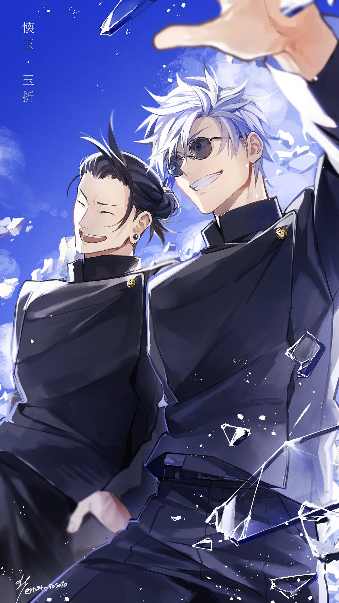 2boys, ^_^, arm_up, black_hair, black_jacket, black_pants, blue_background, blue_eyes