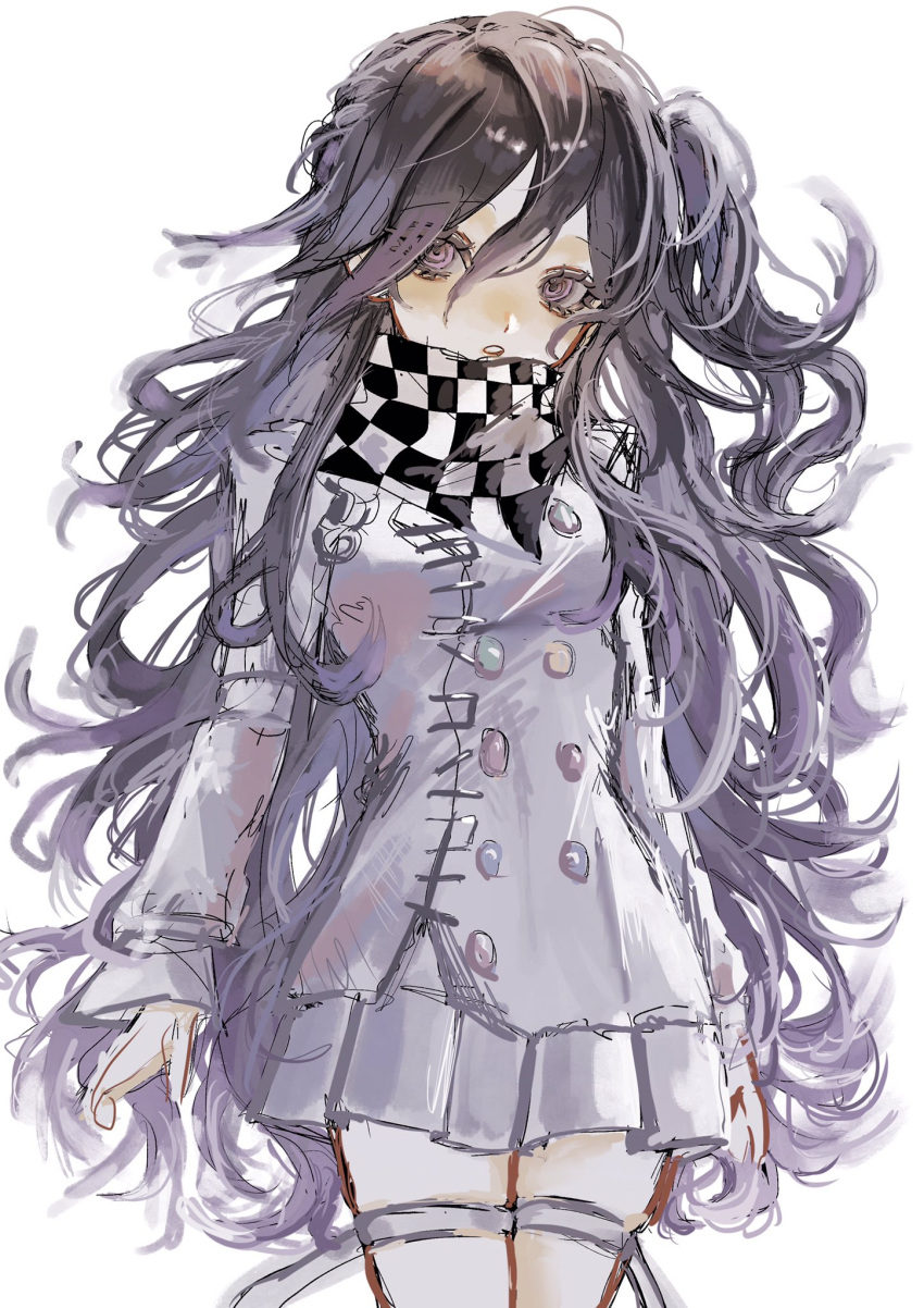 1girl, black_hair, blush, breasts, brown_eyes, buttons, checkered_clothes, checkered_scarf