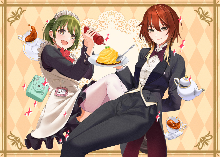 2girls, absurdres, aketa_mikoto, alternate_costume, black_dress, black_suit, black_tea, blush