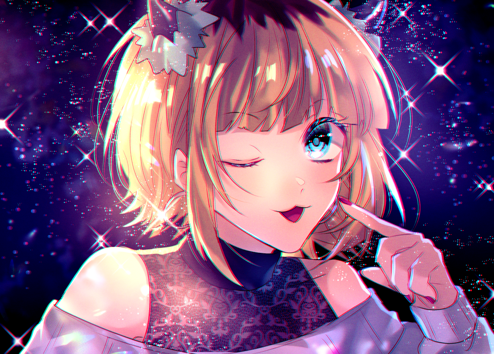 1girl, ;3, bare_shoulders, blonde_hair, blue_eyes, blue_sweater, chromatic_aberration, commentary