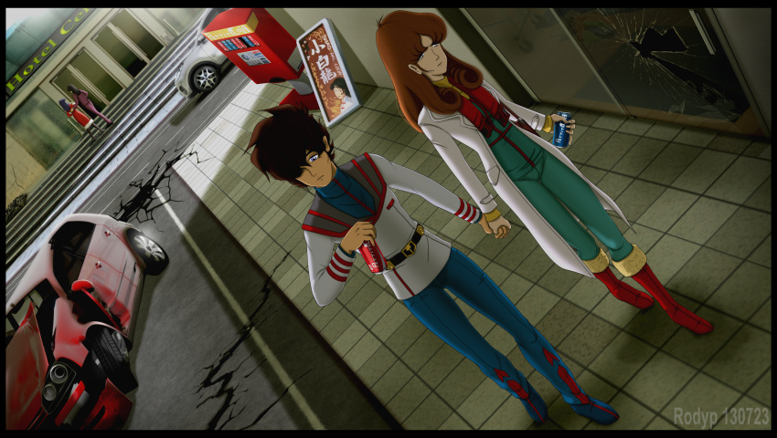 1980s_(style), 2boys, 2girls, choujikuu_yousai_macross, coat, couple, crack, damaged