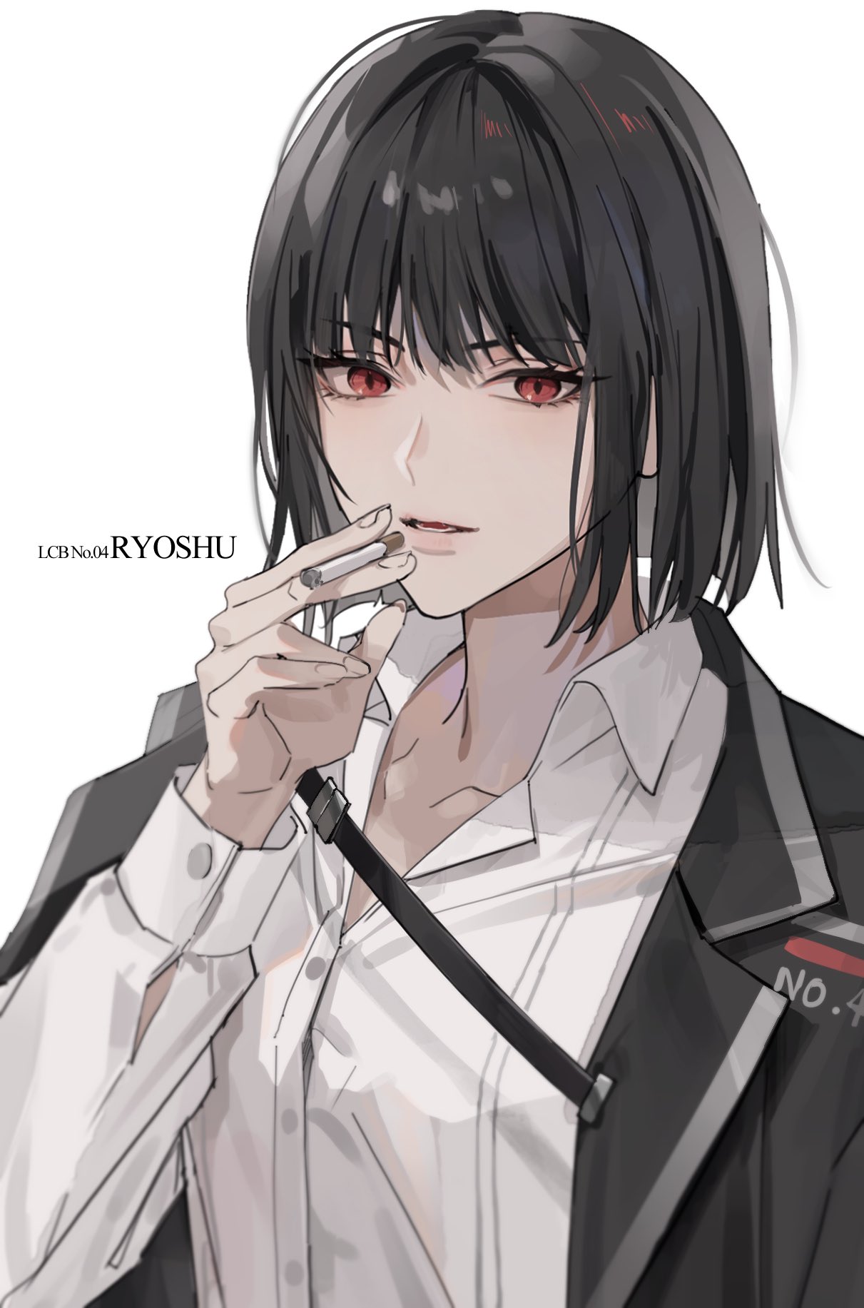 1girl, 41097772s, black_hair, black_jacket, bob_cut, character_name, cigarette, collared_shirt