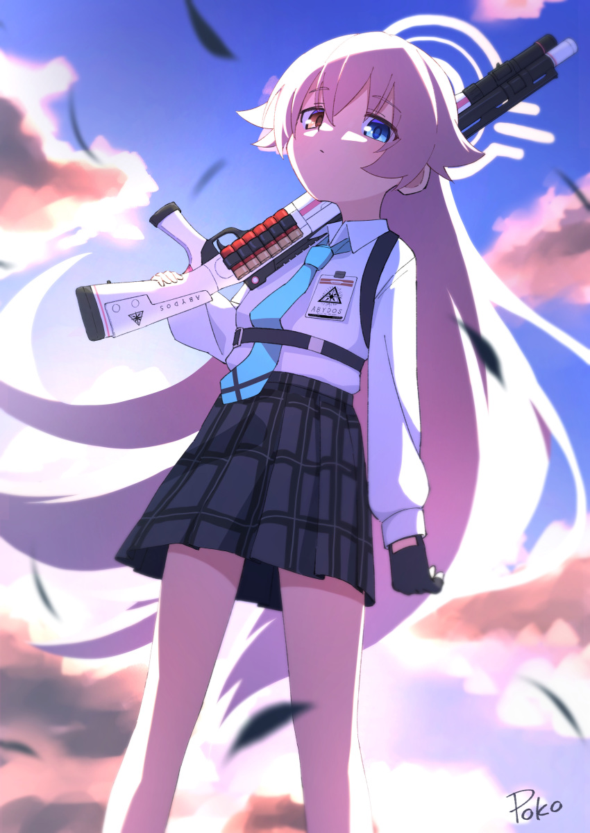 1girl, absurdres, ahoge, backlighting, beretta_1301, black_feathers, black_gloves, black_skirt