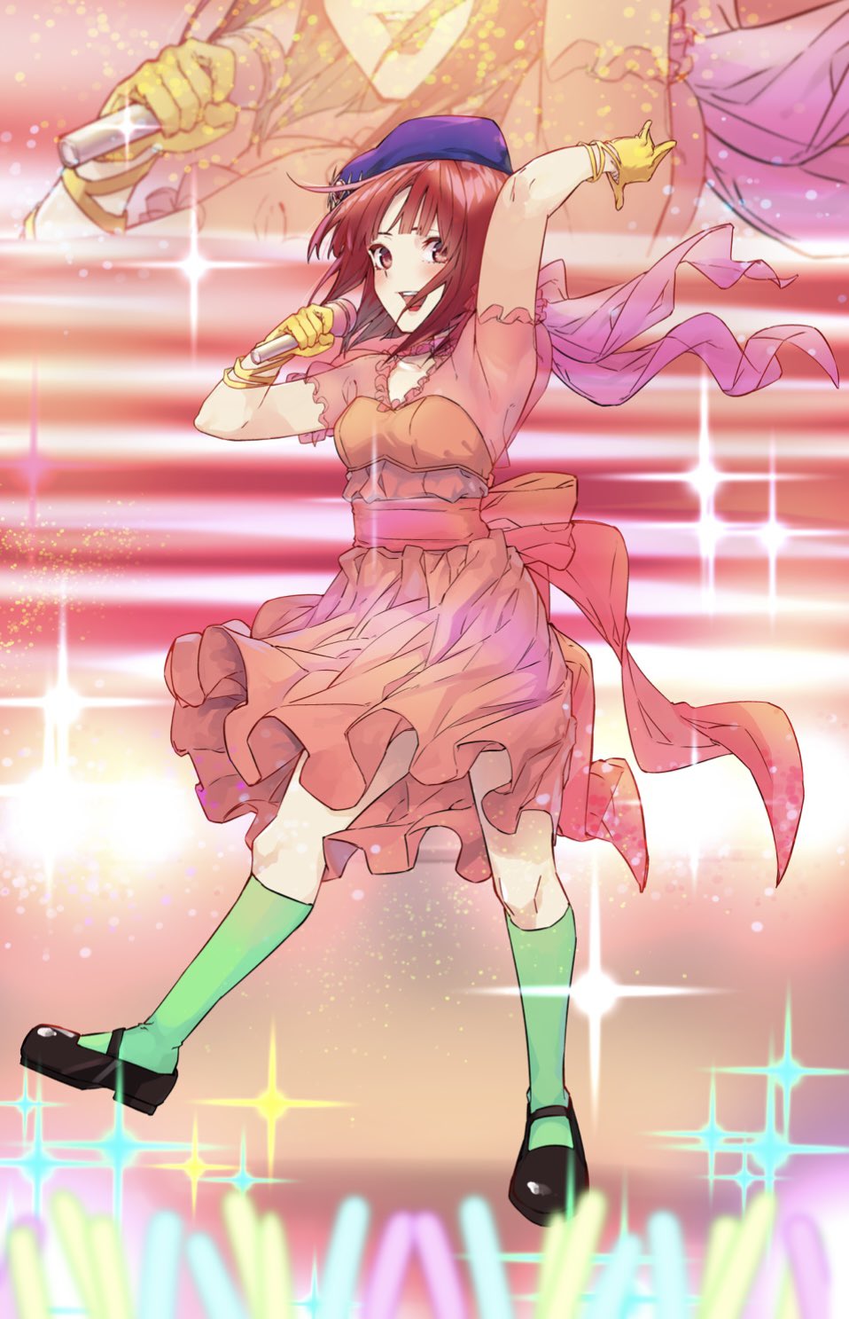 1girl, arima_kana, back_bow, beret, black_footwear, blue_headwear, blurry, blurry_foreground, blush, bob_cut, bow, commentary, dress, floating_hair, frilled_sleeves, frills, full_body, gloves, glowstick, green_socks, hat, highres, holding, holding_microphone, idol, idol_clothes, inverted_bob, kneehighs, light_particles, looking_at_viewer, medium_hair, microphone, open_mouth, orange_dress, oshi_no_ko, red_bow, red_eyes, red_ribbon, redhead, ribbon, screen_zoom, see-through, see-through_sleeves, short_sleeves, smile, socks, solo, teeth, upper_teeth_only, yellow_gloves, yongo_(ssaa9675)