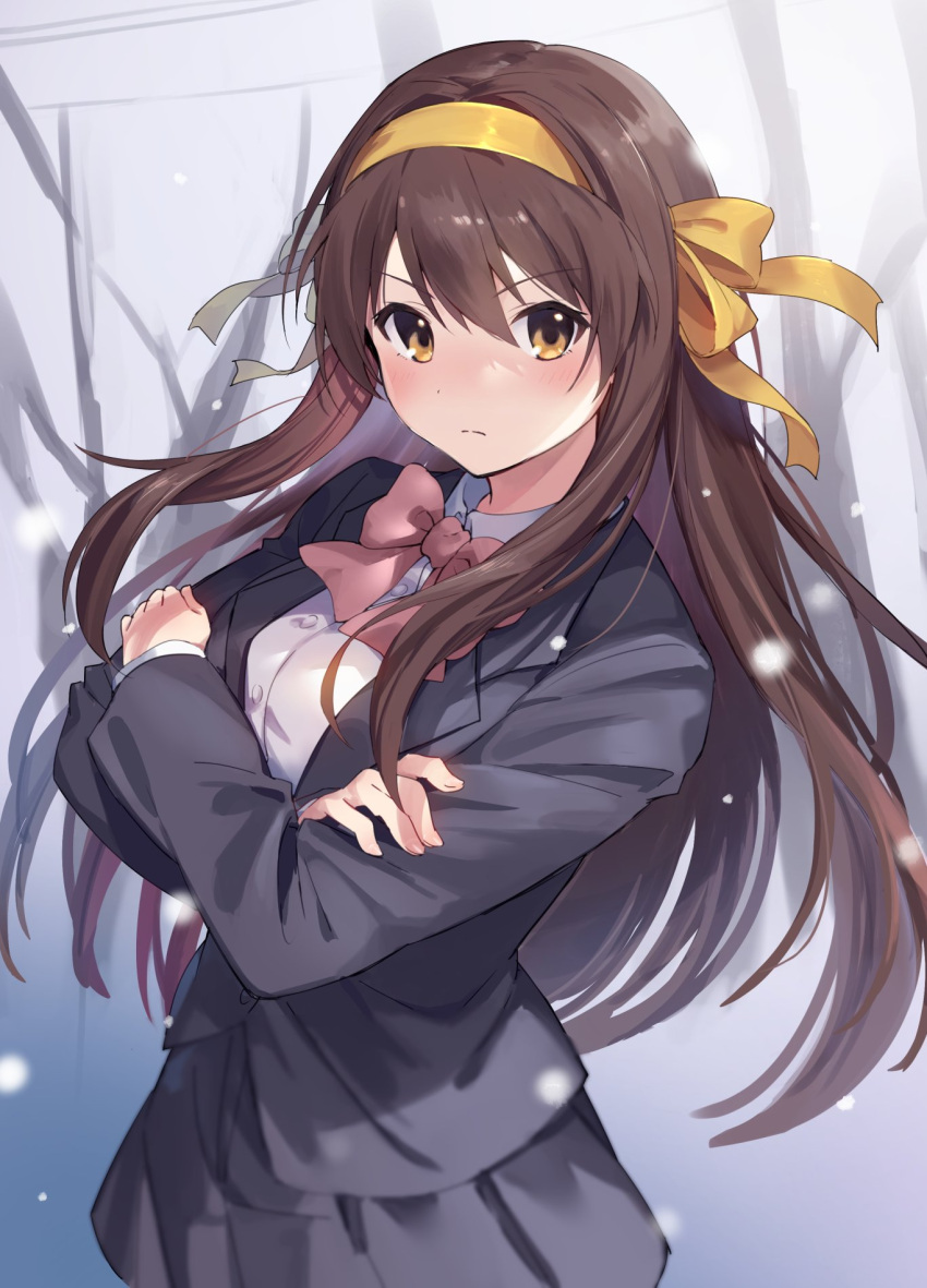 1girl, black_jacket, black_skirt, blazer, blush, brown_eyes, brown_hair, closed_mouth