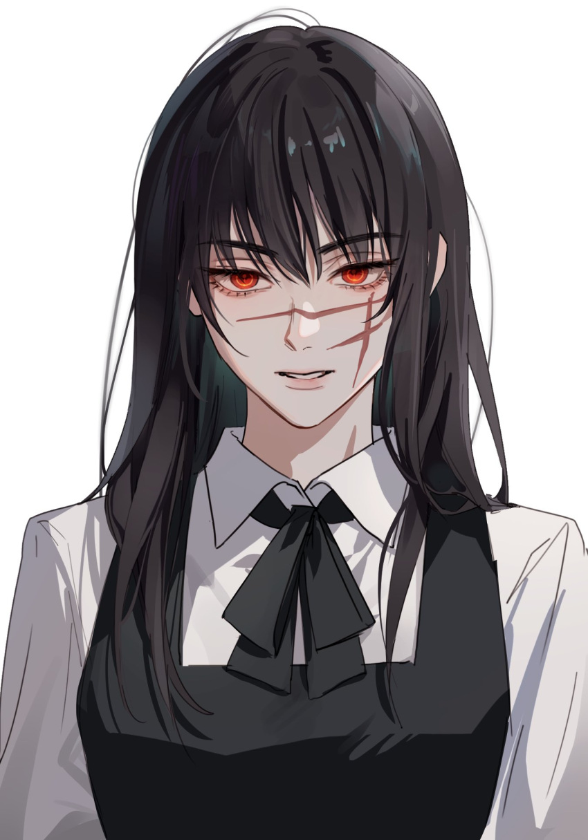 1girl, 41097772s, black_hair, chainsaw_man, collared_shirt, commentary_request, cross_scar, dress