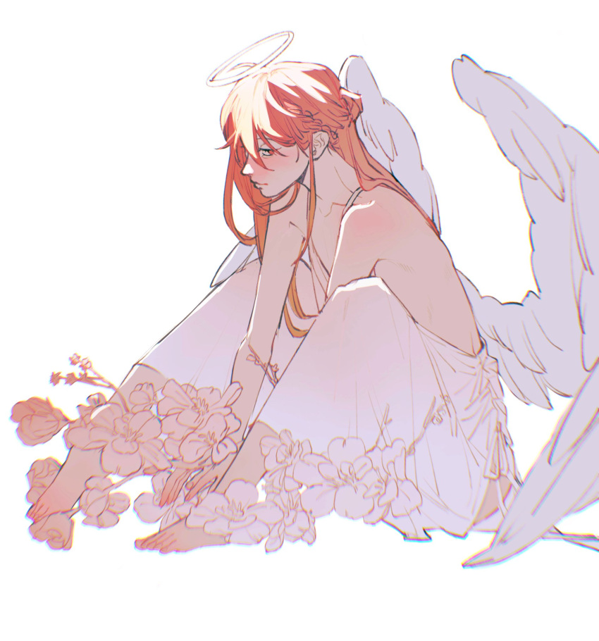 1boy, androgynous, angel, angel_devil_(chainsaw_man), angel_wings, chainsaw_man, crossdressing, dress, facing_to_the_side, feathered_wings, floral_background, flower, halo, highres, looking_at_viewer, male_focus, penguin_jun, red_eyes, redhead, solo, white_background, white_dress, white_flower, white_wings, wings