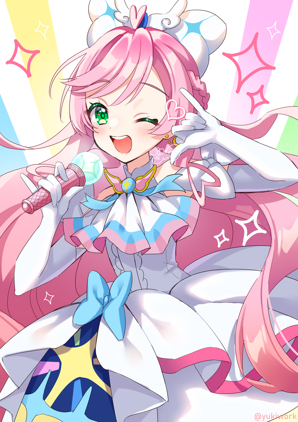 1girl, ascot, birthday, bow, braided_sidelock, brooch, cure_prism, cut_bangs