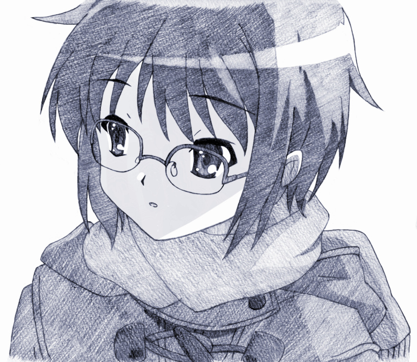 highres, miamai, monochrome, nagato_yuki, open_mouth, scarf, short_hair, sketch, solo, suzumiya_haruhi_no_shoushitsu, suzumiya_haruhi_no_yuuutsu, traditional_media