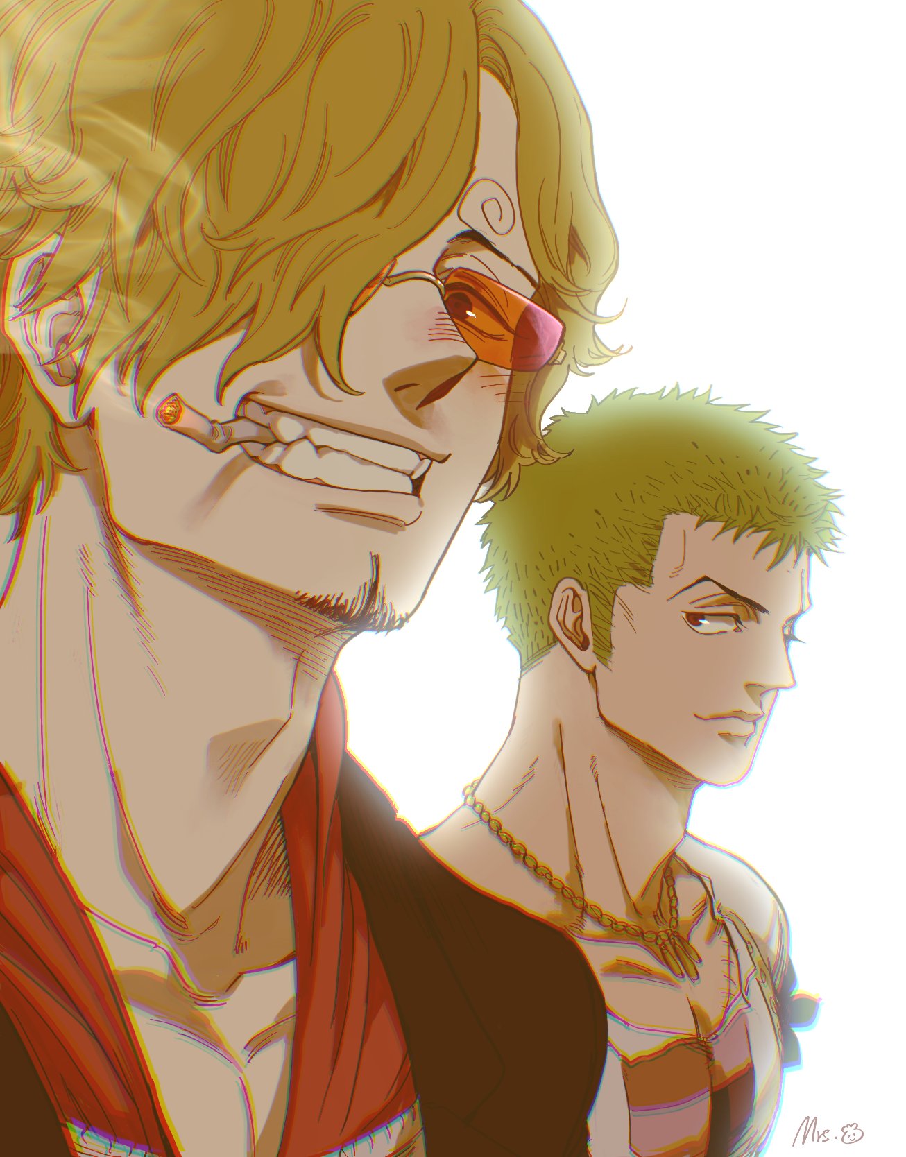 2boys, asymmetrical_bangs, blonde_hair, blush, cigarette, closed_mouth, curly_eyebrows, facial_hair