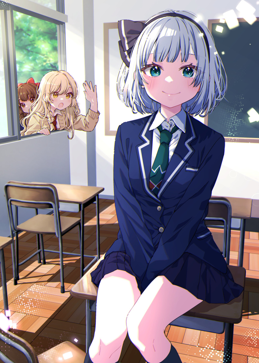 3girls, absurdres, black_hairband, black_ribbon, blonde_hair, blue_skirt, blush, bow