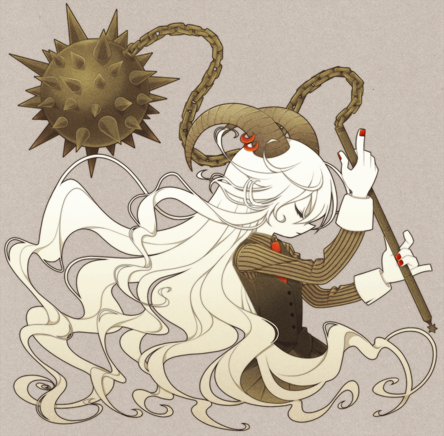 1girl, bad_source, chain, closed_eyes, closed_mouth, curled_horns, demon, demon_girl