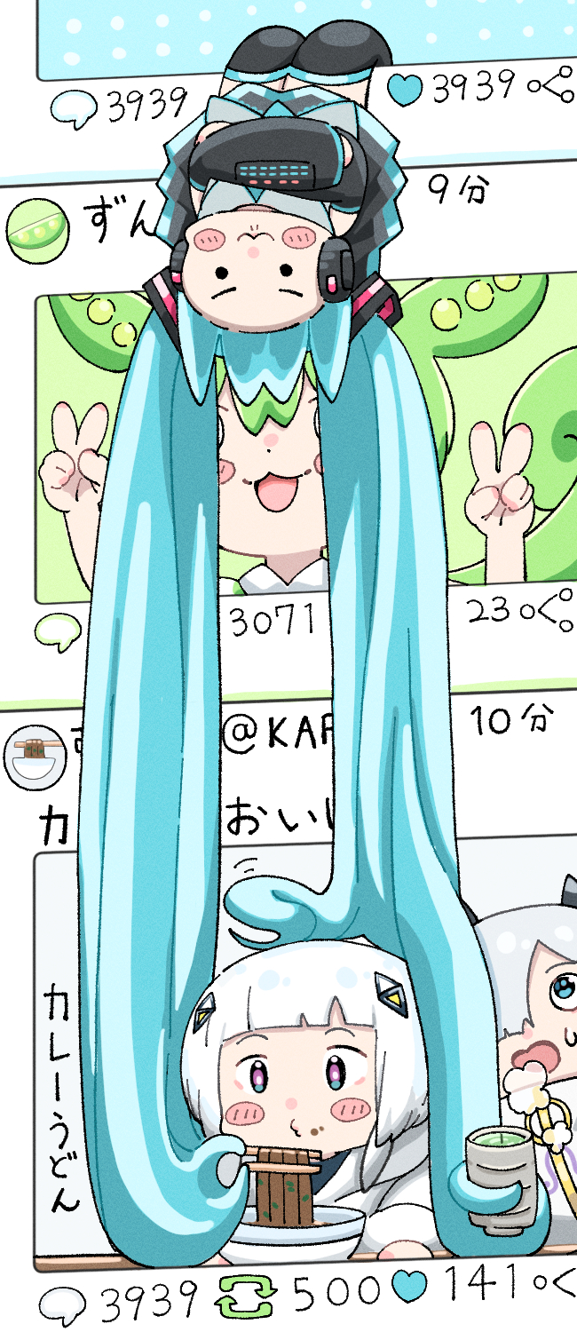 4girls, 5girls, :3, absurdly_long_hair, aqua_hair, black_skirt, black_thighhighs, blowing_on_food