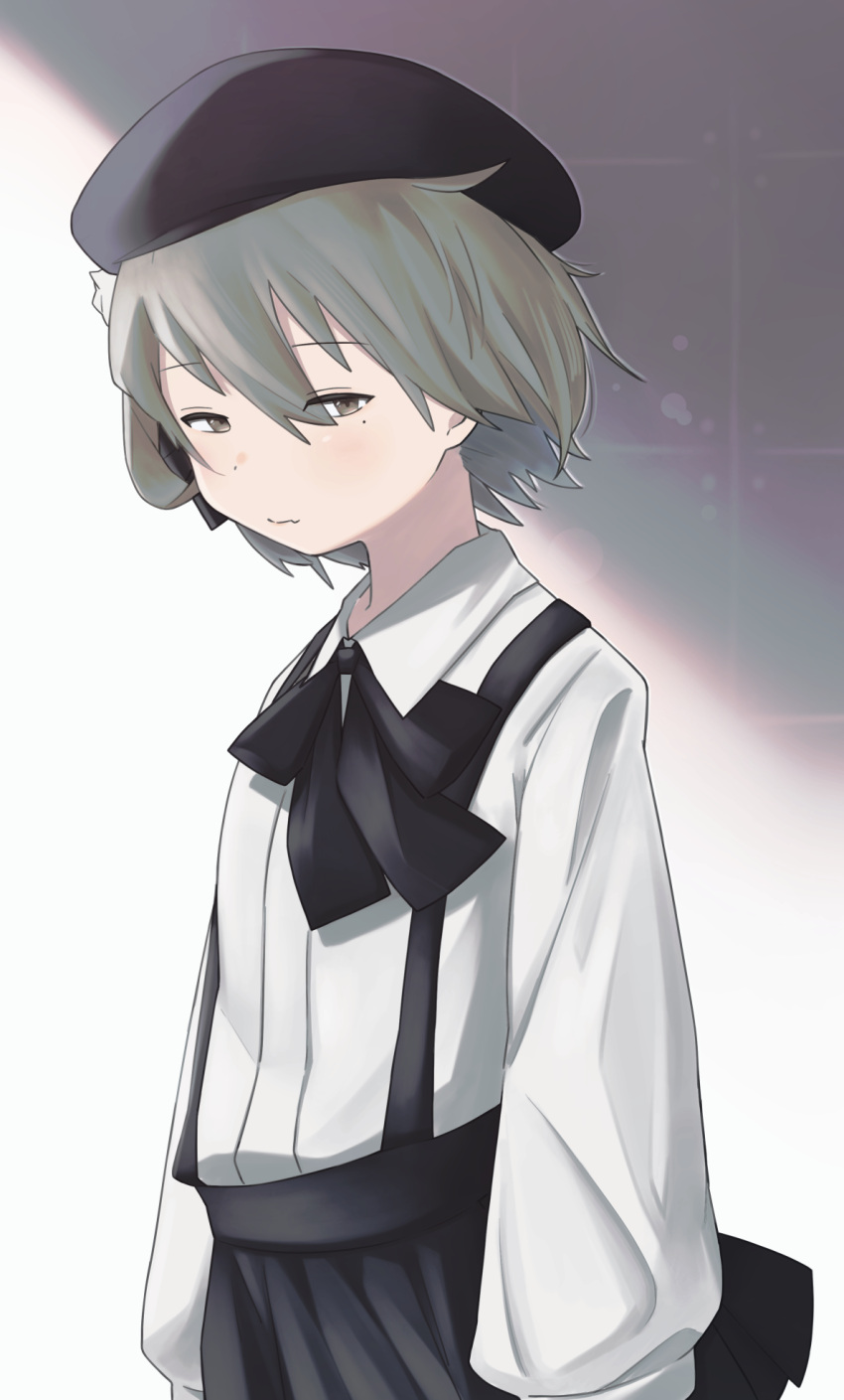 1girl, arms_at_sides, beret, black_headwear, black_ribbon, black_skirt, brown_eyes, brown_hair