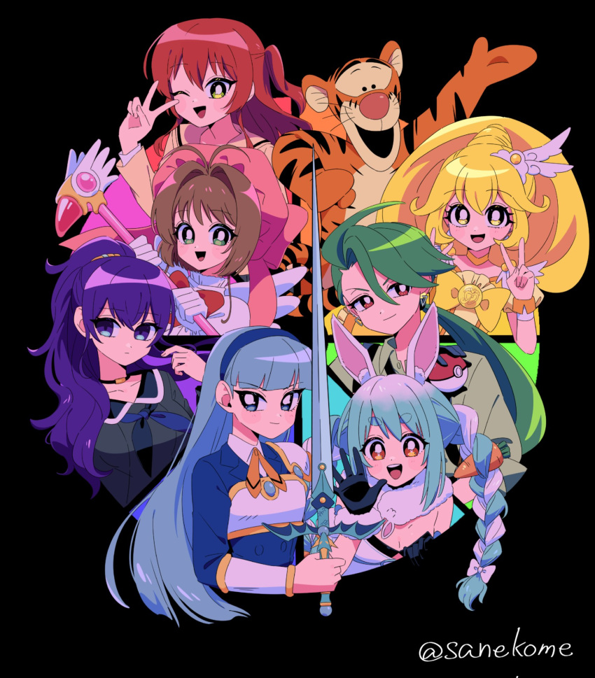 1990s_(style), 1boy, 6+girls, androgynous, animal, animal_ear_fluff, animal_ears, antenna_hair