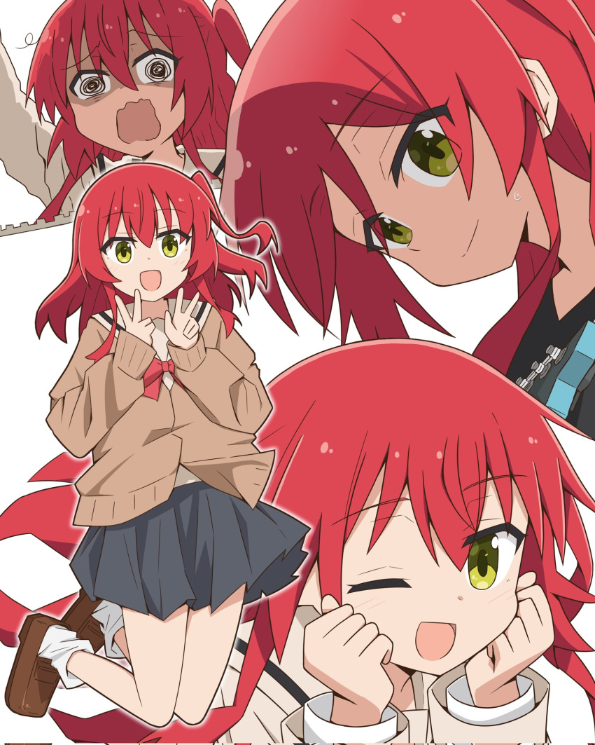 1girl, black_skirt, blush, bocchi_the_rock!, brown_cardigan, brown_footwear, cardigan, closed_mouth, green_eyes, hair_between_eyes, highres, kazuemon, kita_ikuyo, long_hair, long_sleeves, multiple_views, one_eye_closed, one_side_up, open_mouth, pleated_skirt, redhead, school_uniform, shoes, shuka_high_school_uniform, simple_background, skirt, smile, socks, white_background, white_socks