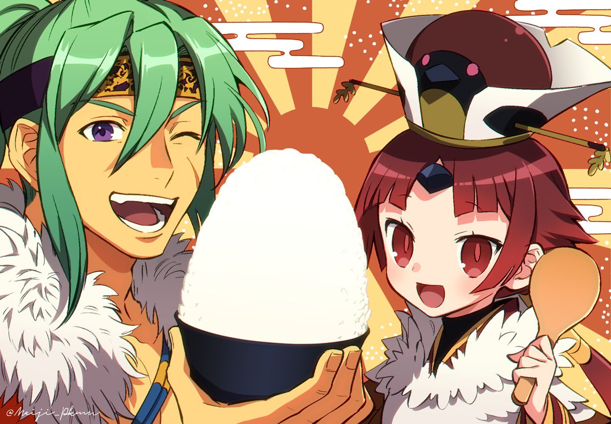 1boy, 1girl, :d, benienma_(fate), blunt_bangs, bowl, chinese_clothes, clouds