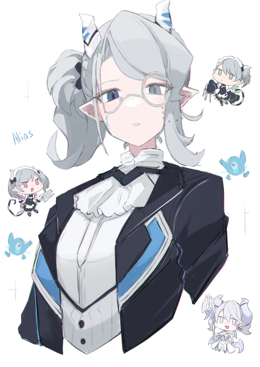 4girls, arianna_the_labrynth_servant, arianne_the_labrynth_servant, arias_the_labrynth_butler, blue_eyes, butler, chibi, chibi_inset, demon_horns, duel_monster, female_butler, green_eyes, grey_eyes, grey_hair, highres, horns, jacket, lovely_labrynth_of_the_silver_castle, monocle, multiple_girls, open_clothes, open_jacket, pink_eyes, pointy_ears, sakuragi_raia, side_ponytail, solo_focus, upper_body, yu-gi-oh!