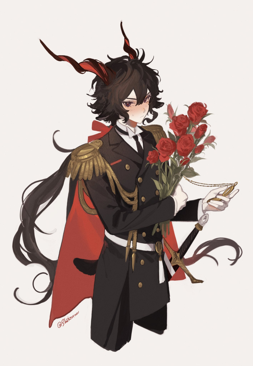 1boy, animal_ears, arknights, artist_name, black_cape, black_coat, black_hair, black_necktie
