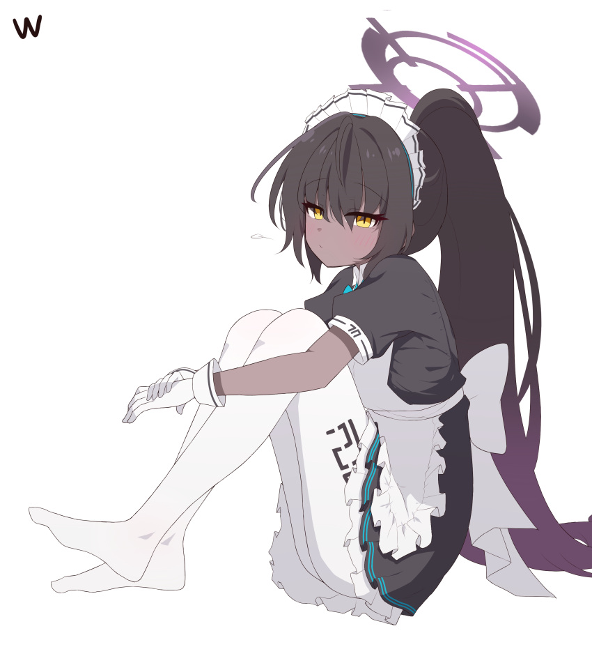 1girl, absurdres, aged_down, apron, black_dress, black_hair, black_shirt, blue_archive