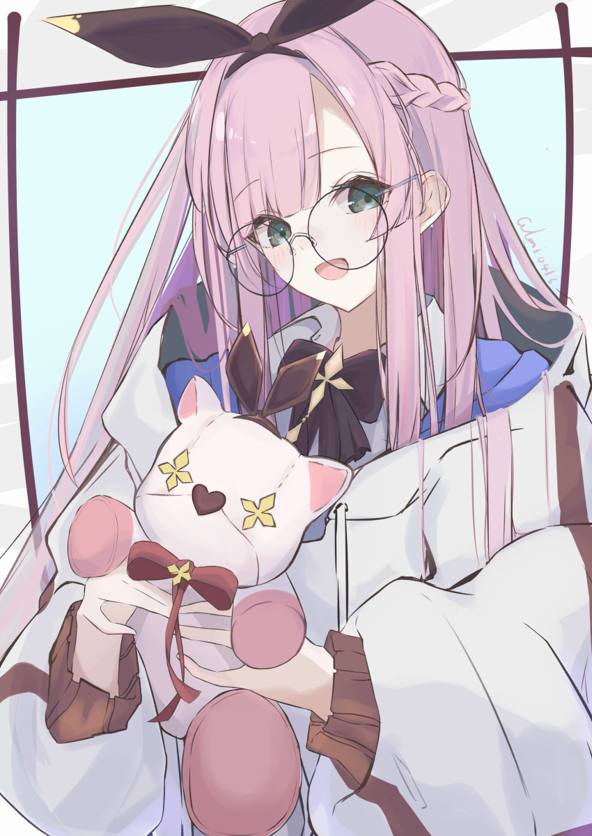 1girl, :d, absurdres, arcaea, bespectacled, black_bow, black_bowtie, black_hairband
