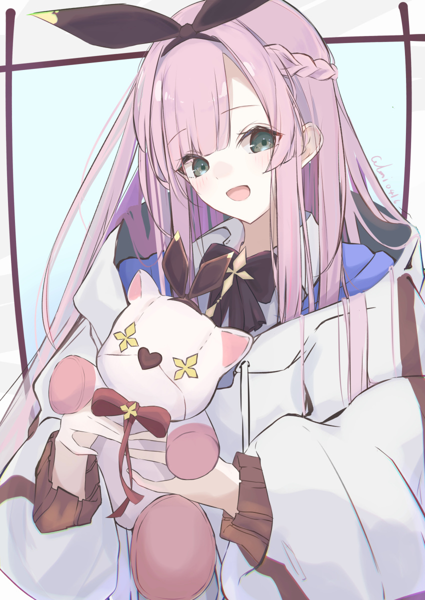 1girl, :d, absurdres, arcaea, black_bow, black_bowtie, black_hairband, bow