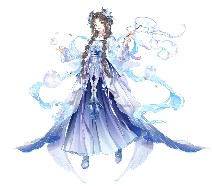 1girl, :d, alternate_costume, black_hair, blue_dress, blue_eyes, blue_footwear, blue_gemstone
