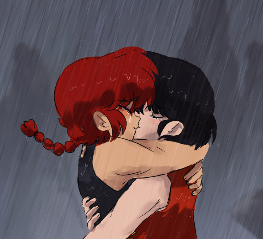2girls, blue_hair, braid, braided_ponytail, closed_eyes, couple, hug, kiss, multiple_girls, plushkaiju, rain, ranma-chan, ranma_1/2, short_hair, tendou_akane, water, wet, yuri