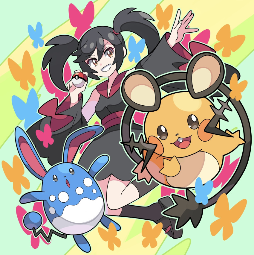 1girl, azumarill, bare_shoulders, black_hair, brown_eyes, commentary_request, dedenne, detached_sleeves