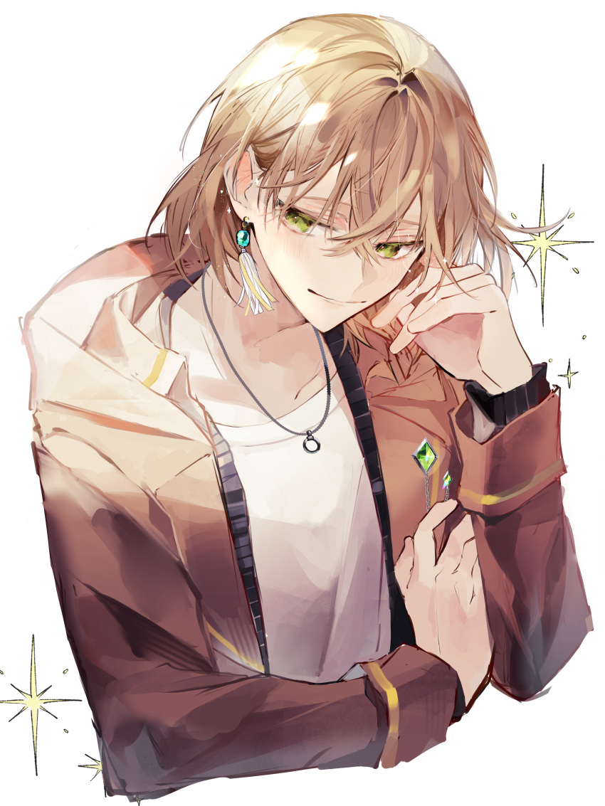 1boy, absurdres, androgynous, brown_jacket, closed_mouth, collarbone, cropped_torso, crossed_bangs