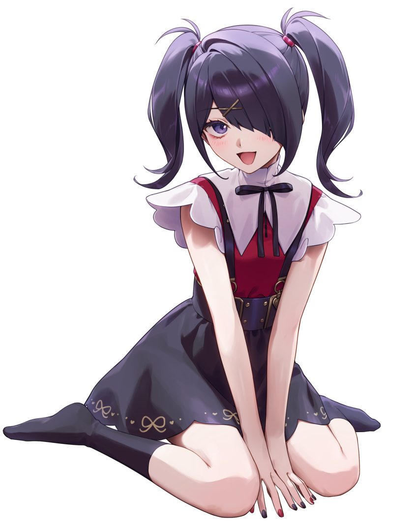 1girl, :d, absurdres, akabino, ame-chan_(needy_girl_overdose), between_legs, black_hair, black_nails