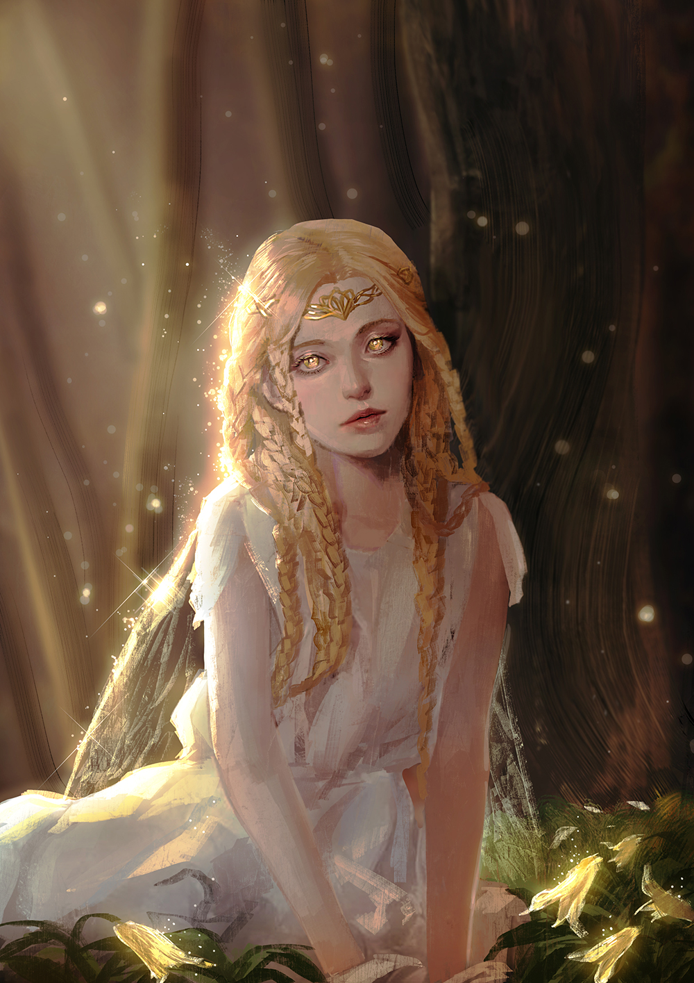 1boy, blonde_hair, braid, brown_background, crown, elden_ring, flower, highres, kneeling, lily_(flower), long_hair, looking_at_viewer, miquella_(elden_ring), multiple_braids, robe, tumitumico, white_robe, yellow_eyes
