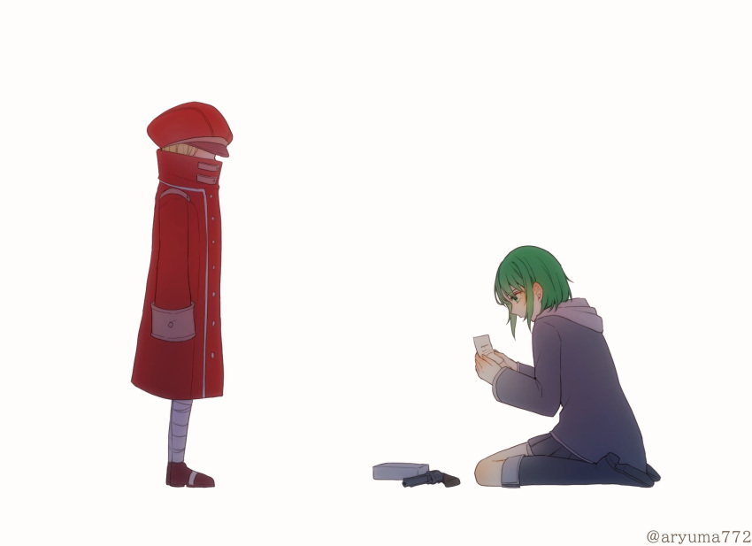 2girls, aryuma772, bandaged_leg, bandages, box, brown_footwear, buttons, collared_jacket